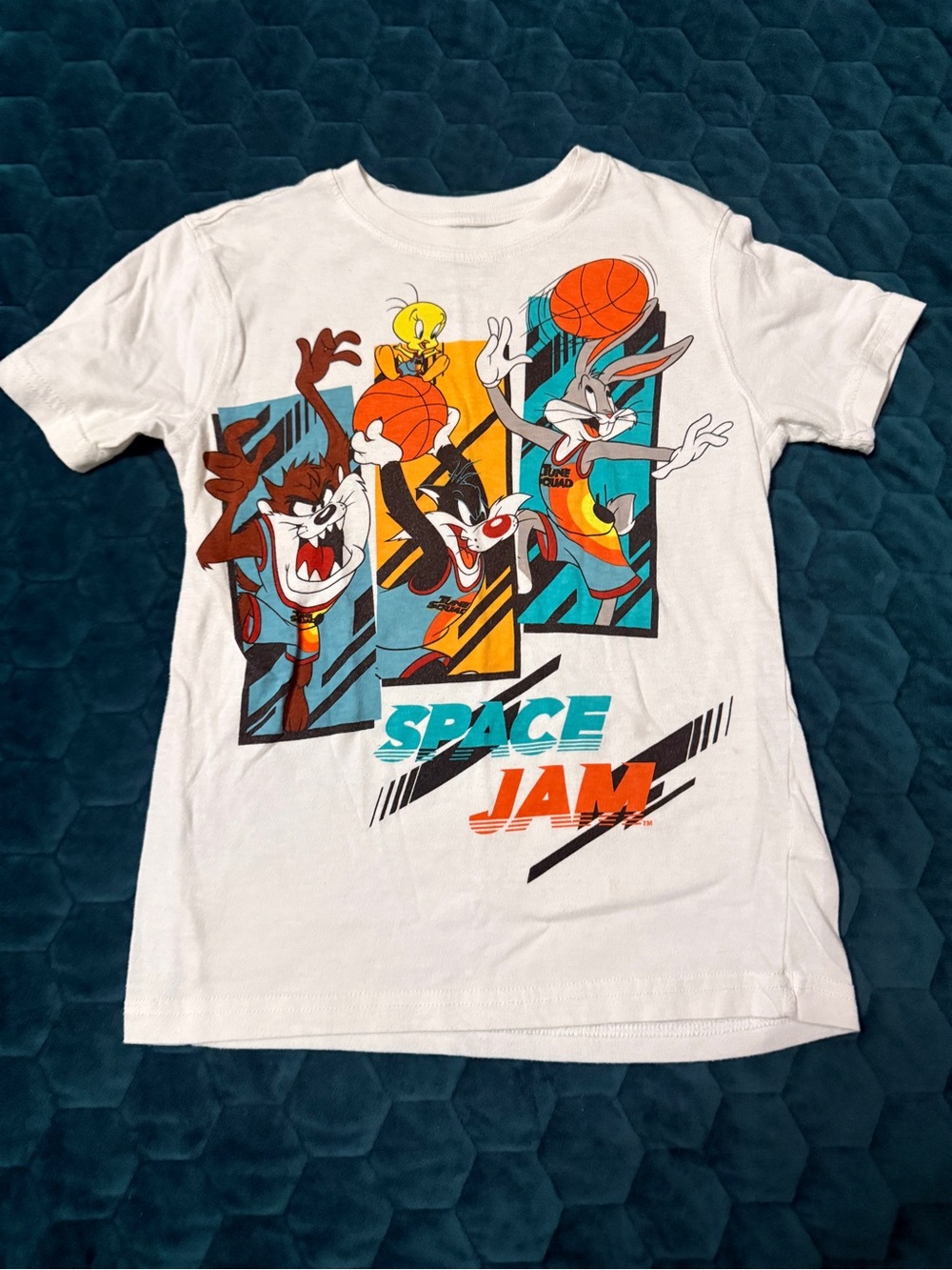 Space Jam Tee with Tweety, Bugs & Taz - White Graphic Shirt Kids 7/8 Medium